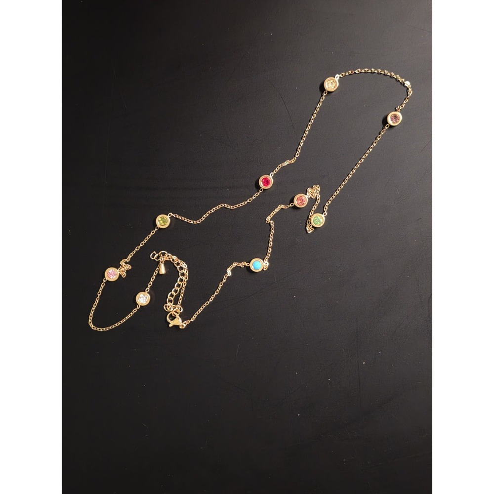 Crystal Colorful Station Necklace Gold Plated Stainless Steel Size 24" & 2"